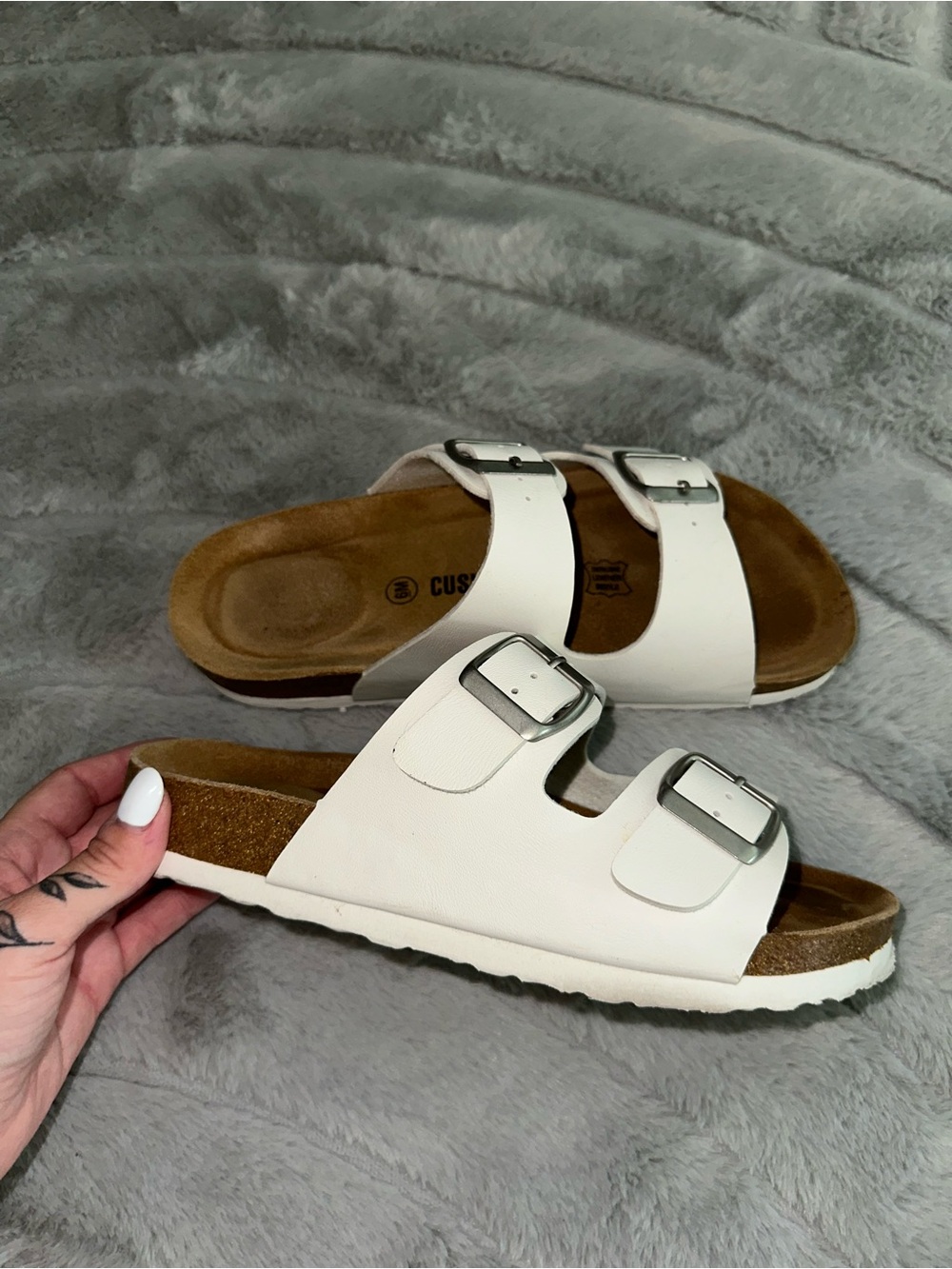 White Double-Buckle Slide Sandals